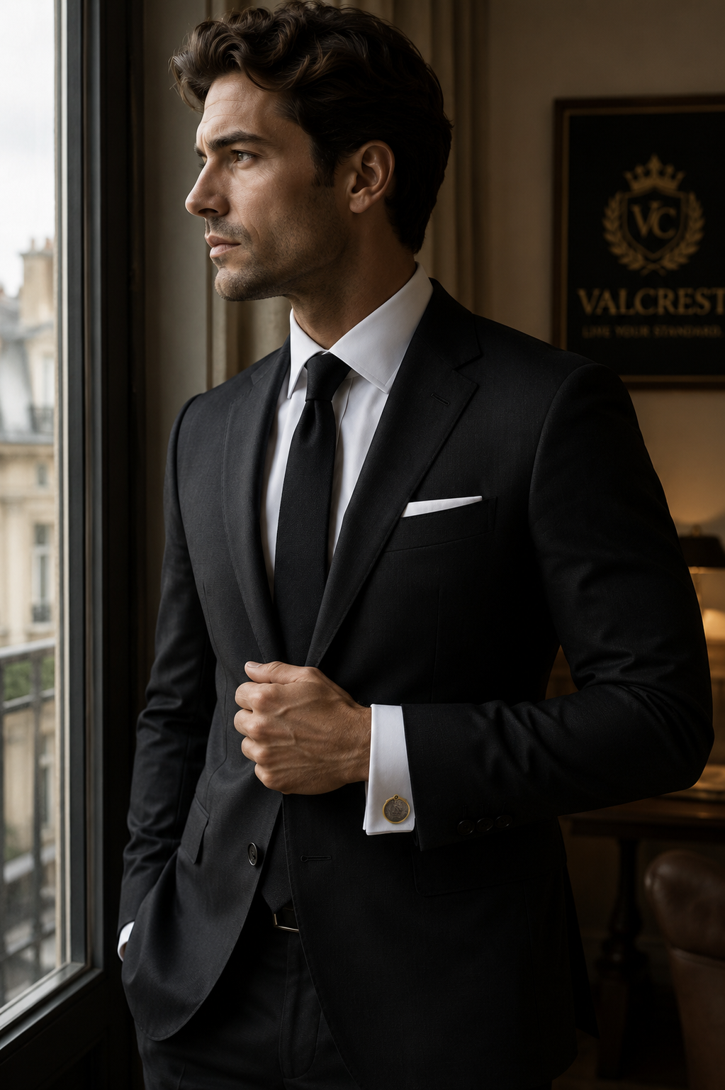 Man in a black suit standing by a window in an elegant interior setting.