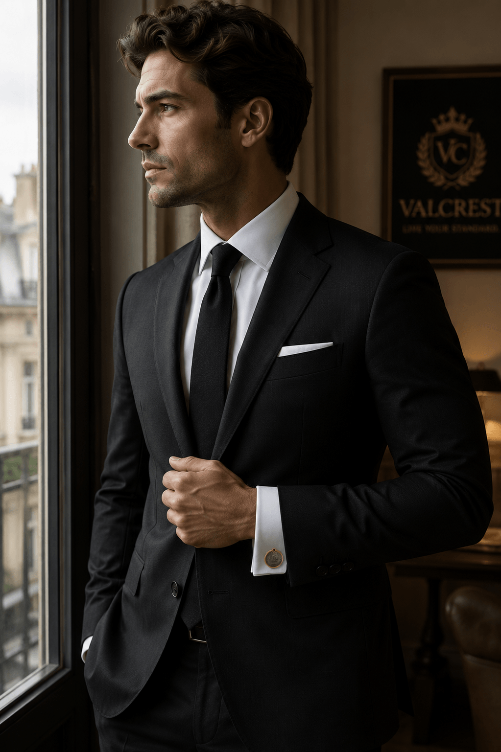 Man in a black suit with British shilling cufflinks, showcasing elegance and luxury.