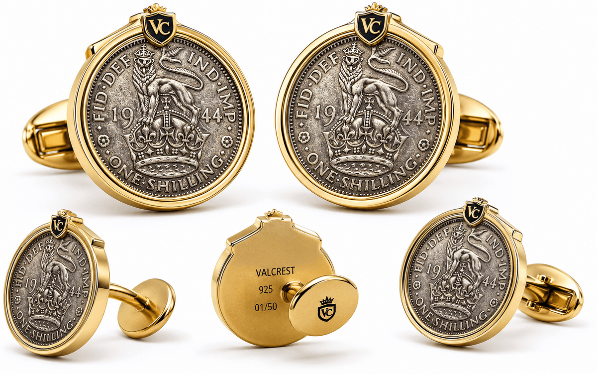 British shilling cufflinks featuring vintage 1944 coins, crafted in sterling silver and 18k gold vermeil, luxurious presentation.