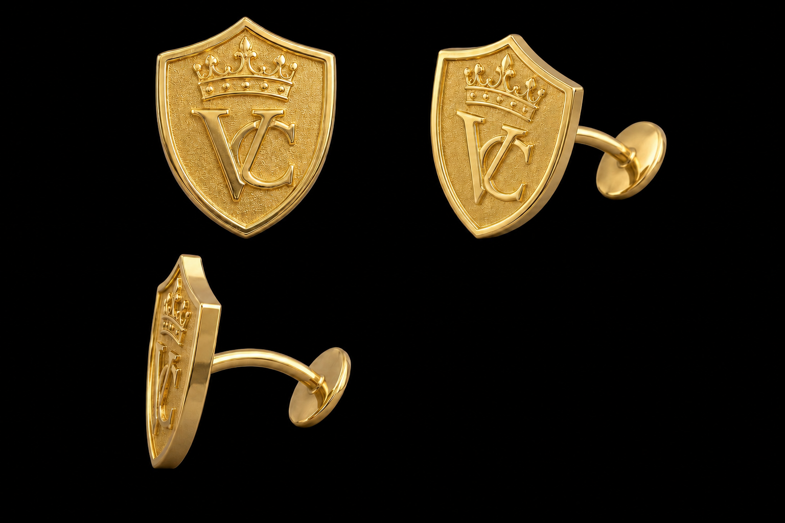 VALCREST Founder's Edition Shield Cufflinks in gold on dark background