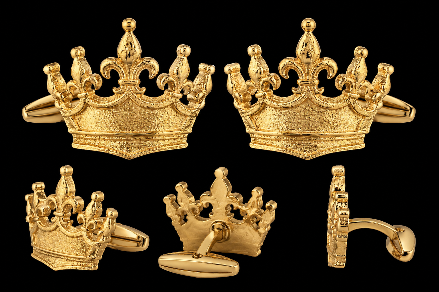 Gold crown-shaped cufflinks on a black background