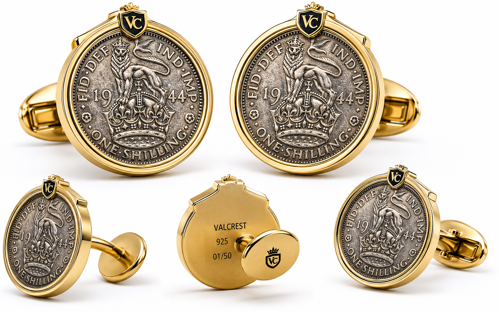Gold and silver coin cufflinks on a white background