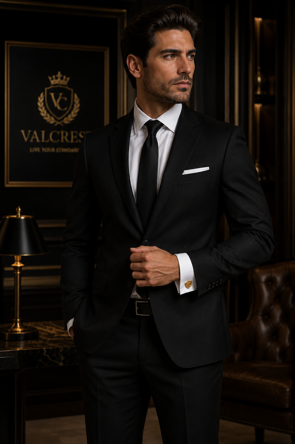 Man in a black suit standing in an elegant room with 'Valcres' branding.