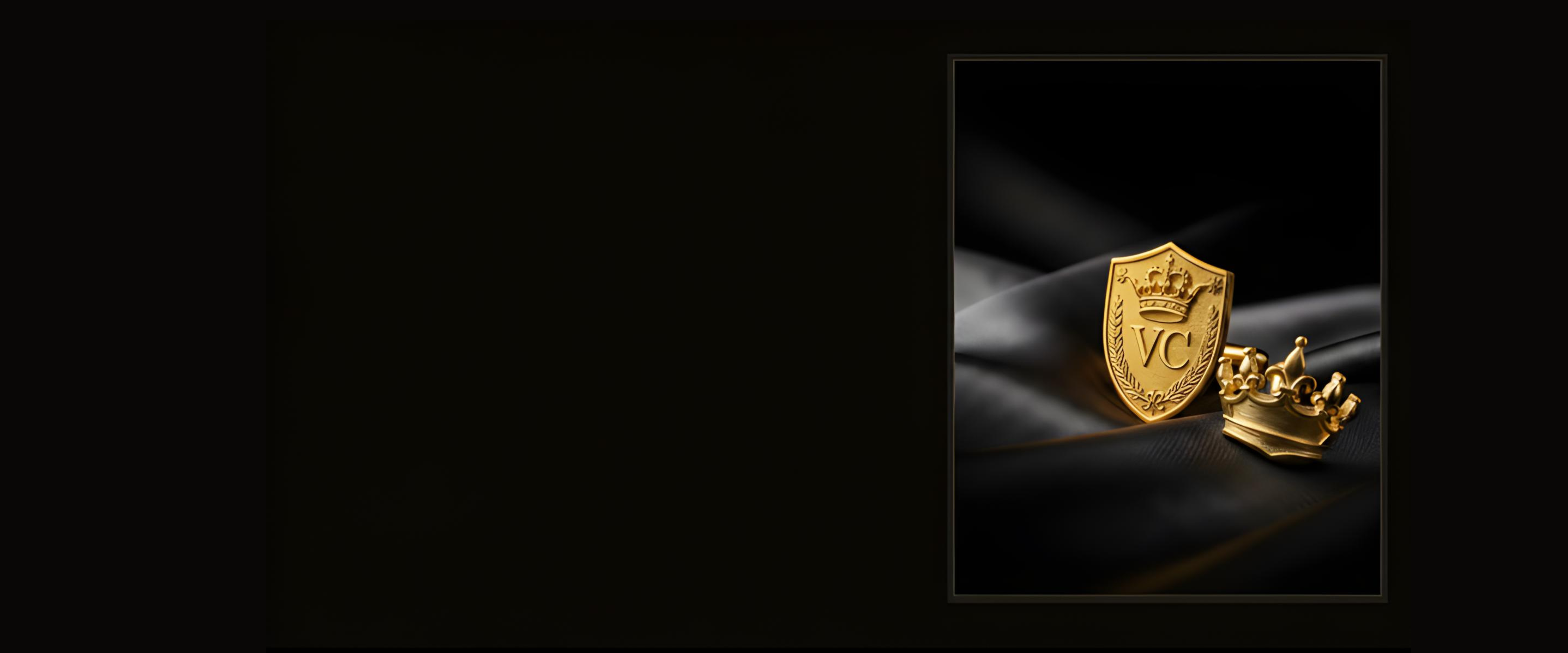 Gold emblem with 'VC' initials and crown on a dark background